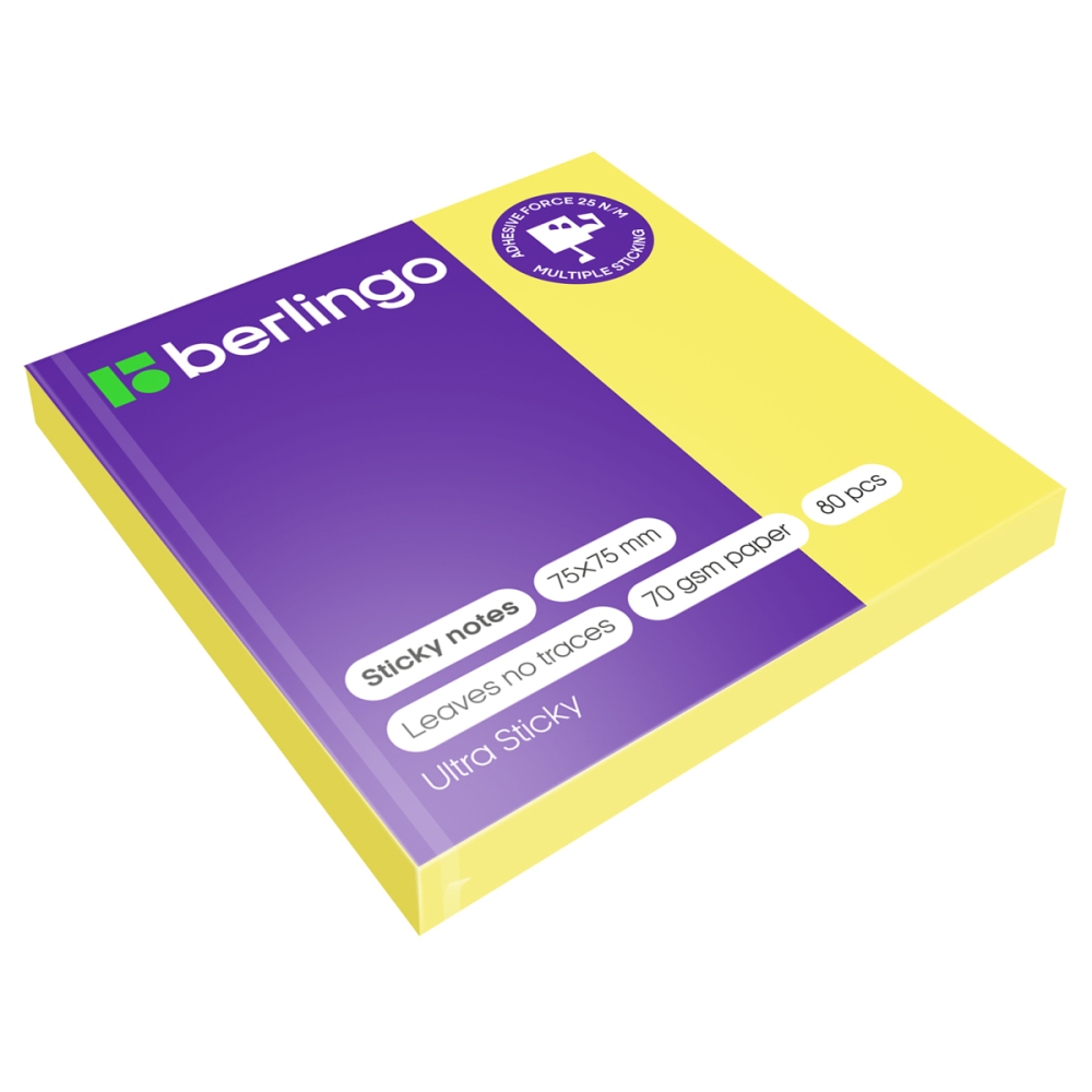 Самоклеящийся блок Berlingo "Ultra Sticky", 75*75мм, 80л. неон