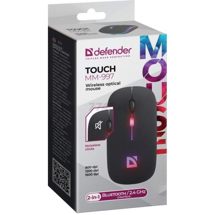 Мышь DEFENDER Touch MM-997, оптич., беспроводная, черный, 800-1600 dpi
