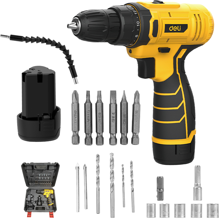 Аккумуляторная дрель-шуруповерт Deli YS EDL-DZ12-6A2 12 В, 30 Нм, 1 АКБ, 2 Ач, набор оснастки, кейс