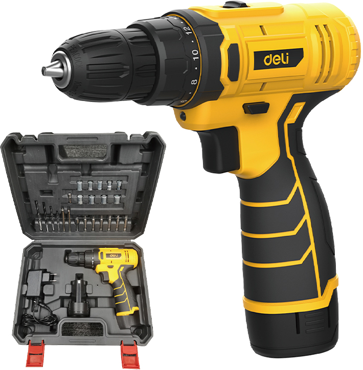 Аккумуляторная дрель-шуруповерт Deli YS EDL-DZ12-6A2 12 В, 30 Нм, 1 АКБ, 2 Ач, набор оснастки, кейс