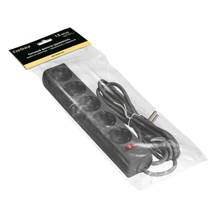Сетевой фильтр ExeGate SP-5-1.8B, EX221175RUS, 5 розеток, 1.8 м, черный