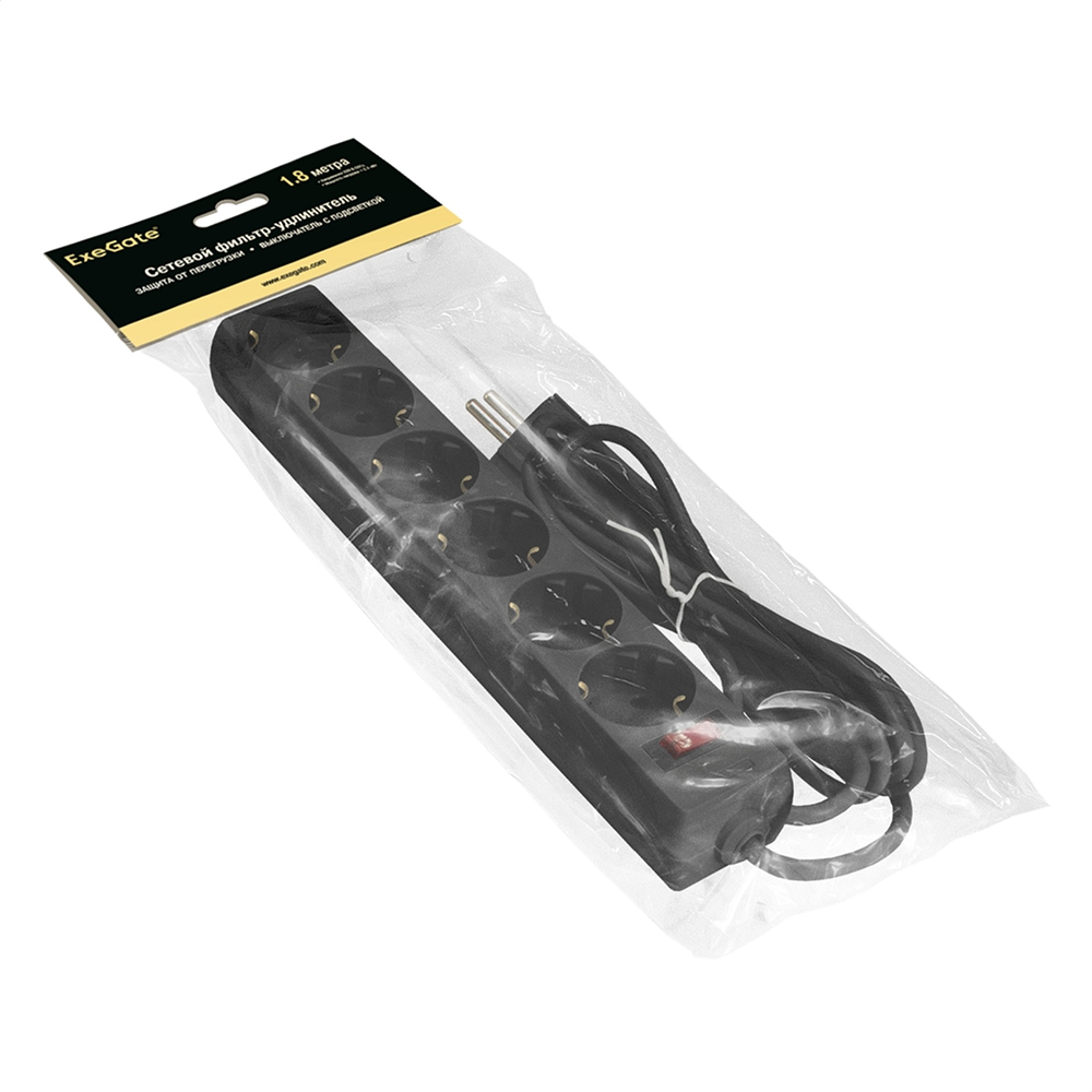 Сетевой фильтр ExeGate SP-6-1.8B, EX119391RUS, 6 розеток, 1.8 м, черный