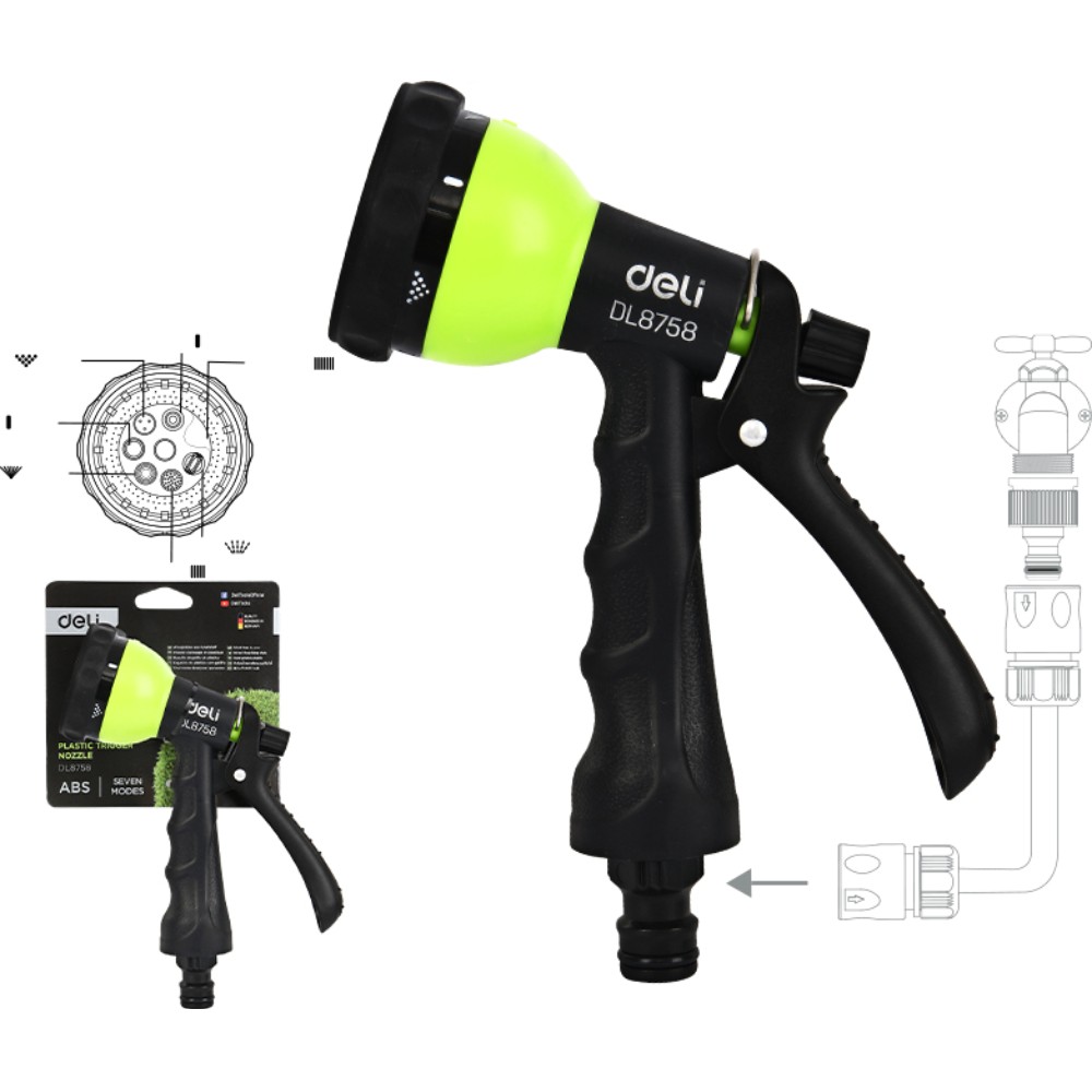 Пистолет-распылитель Deli GS EDL8758, 7 функций, быстросъем, фиксатор курка, черный, зеленый