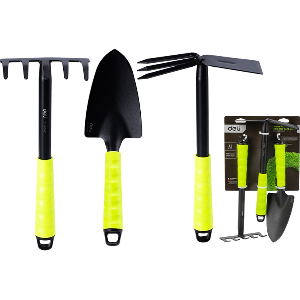 Набор садовых инструментов Deli GS EDL580803, 310 мм, 3 шт., лопата, мотыга, грабли, зеленый, черный
