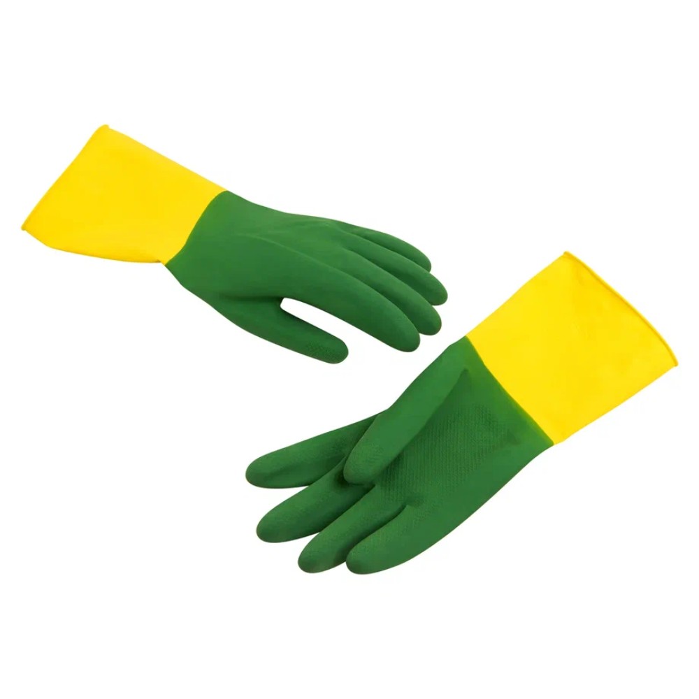 Перчатки латексные хозяйственные Zaubex БИКОЛОР, усиленные, р-р XL, зеленый, желтый