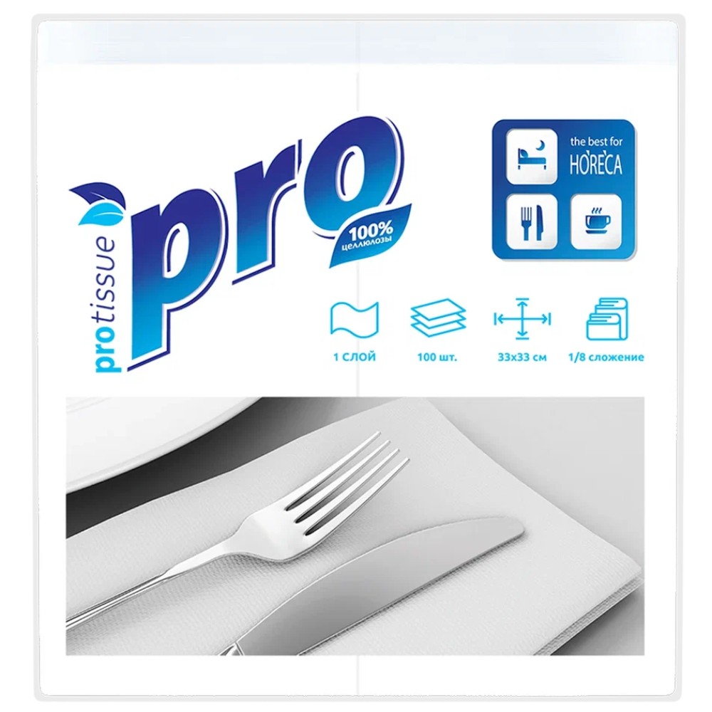 Салфетки бумажные PROtissue 24х24см, 1 слой, цв.белый, 100 листов
