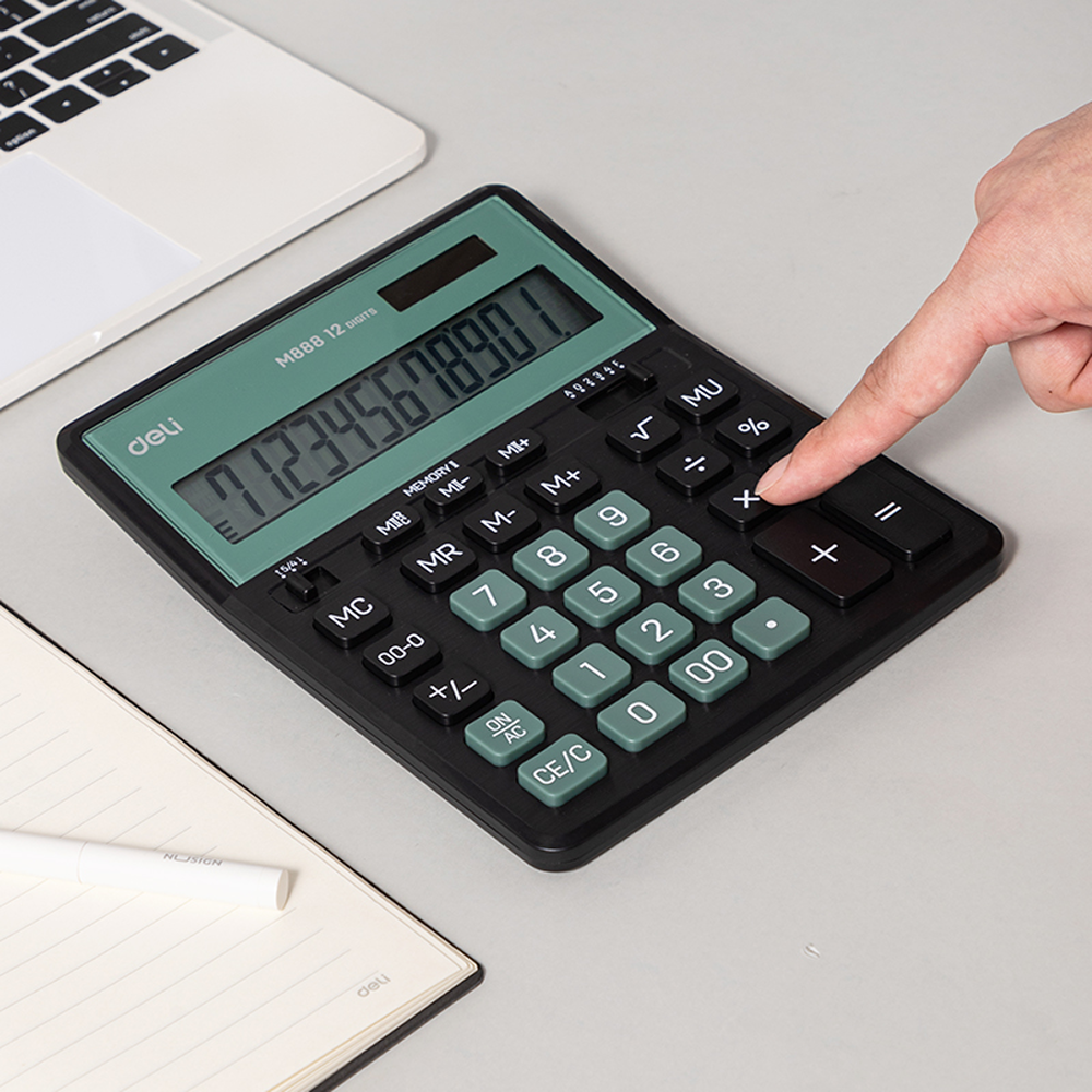 Калькулятор настольный EM888A Deli, 12-разрядный, черный, пластик, зеленый