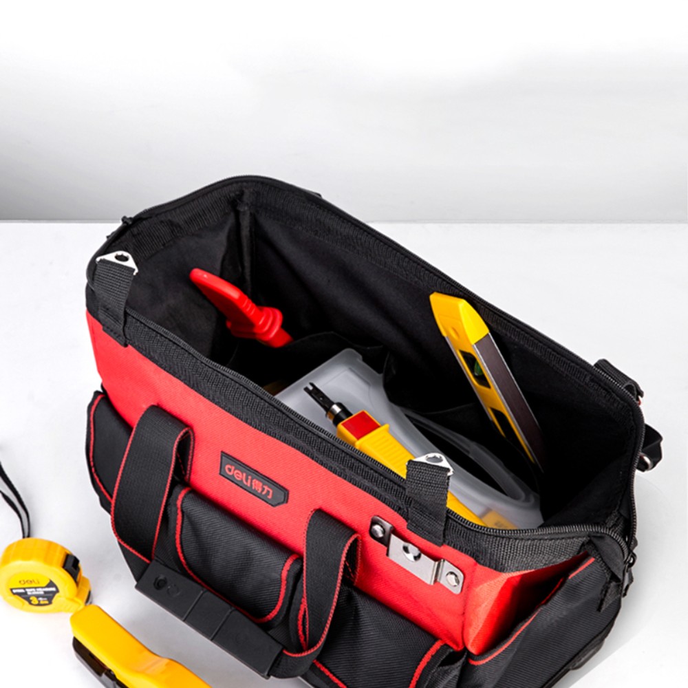 Сумка для инструментов Deli RS DL430316, 380х210х280 мм, ткань Oxford, пластиковое дно, черный, красный