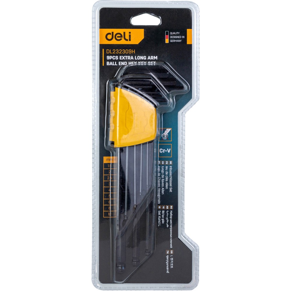 Набор ключей Г-образных Deli YS EDL232309H шестигранных, экстрадлинных, 1,5-10 мм, 9 шт., удлиненный, черный, блистер