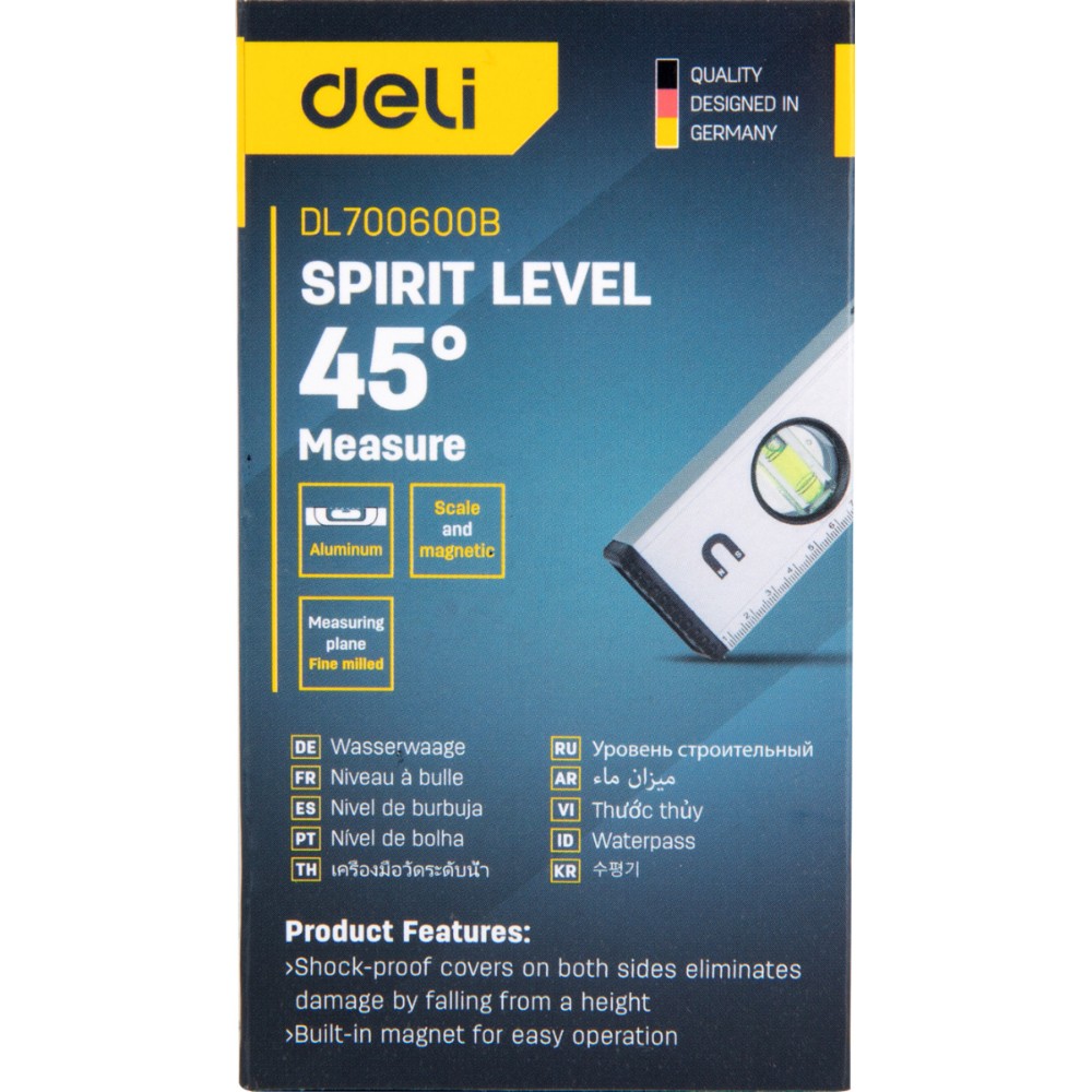 Уровень строительный Deli YS EDL700600B, 600 мм, магнит, алюминиевый сплав