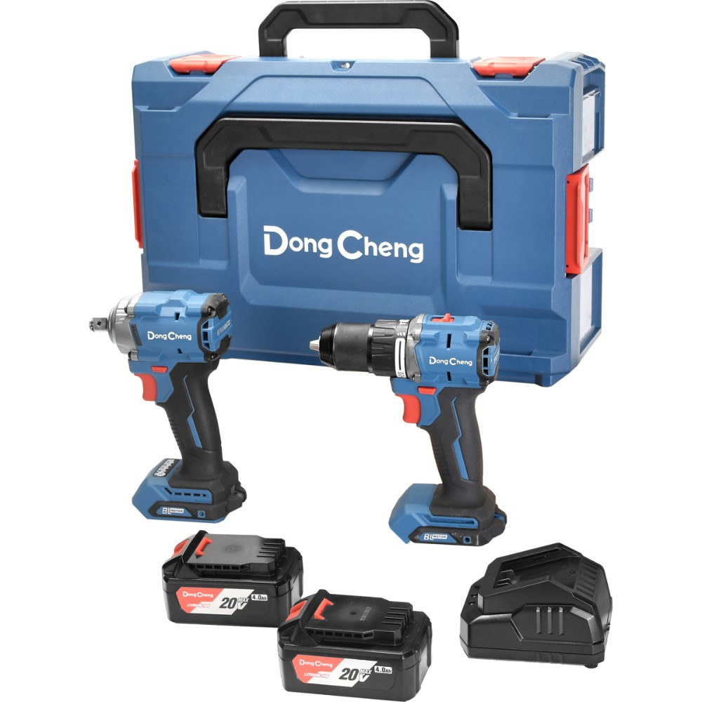 Набор аккумуляторного электроинструмента DongCheng DCKIT28 (TYPE EK), 20 В, 2 АКБ, 4 Ач, З/У 4 А (дрель-шуруповерт DCJZ2060i + гайковерт DCPB358)