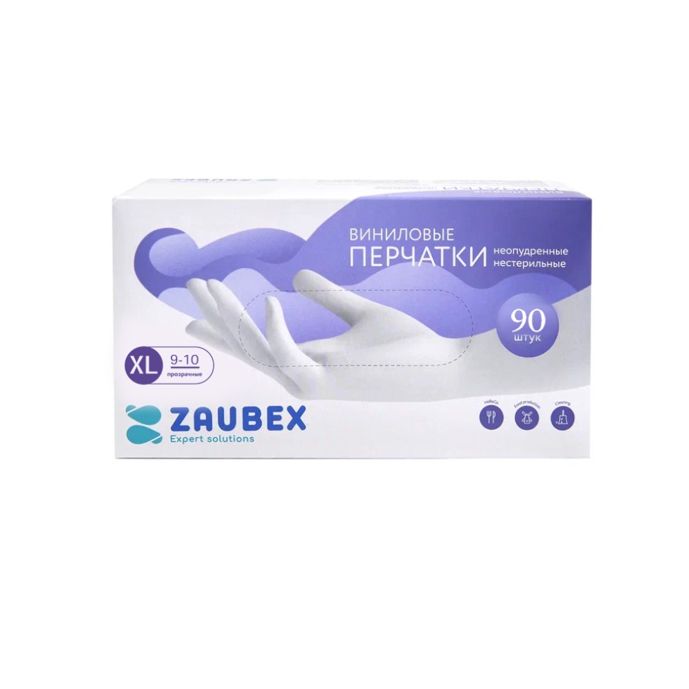 Перчатки виниловые Zaubex, одноразовые, р-р XL, 90 шт/уп, прозрачный
