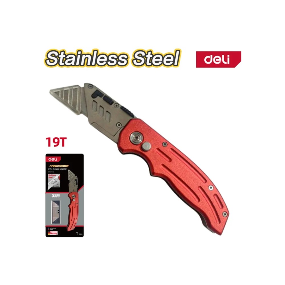 Нож строительный складной Deli RS EDL040, трапеция, 19T, красный