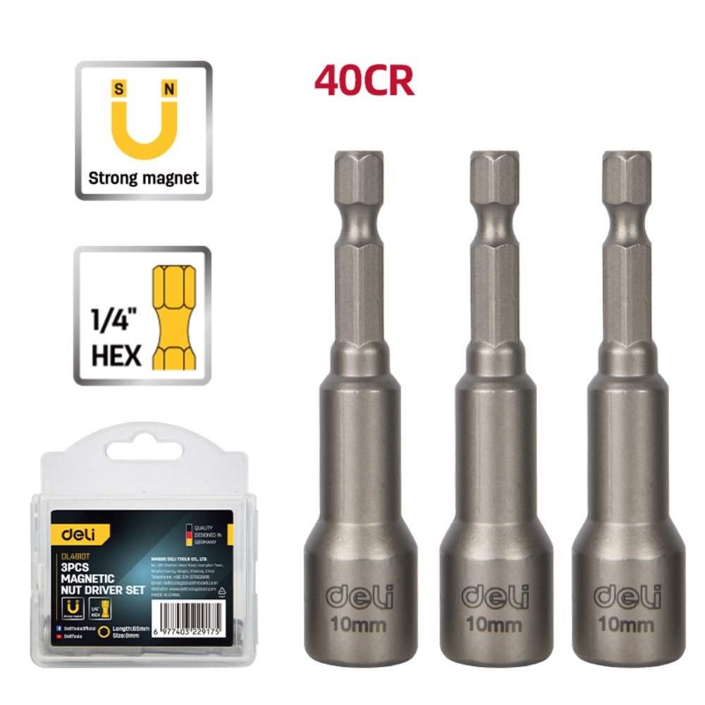 Набор насадок шестигранных магнитных Deli YS EDL4810T, 10 мм, 3 шт, HEX 1/4