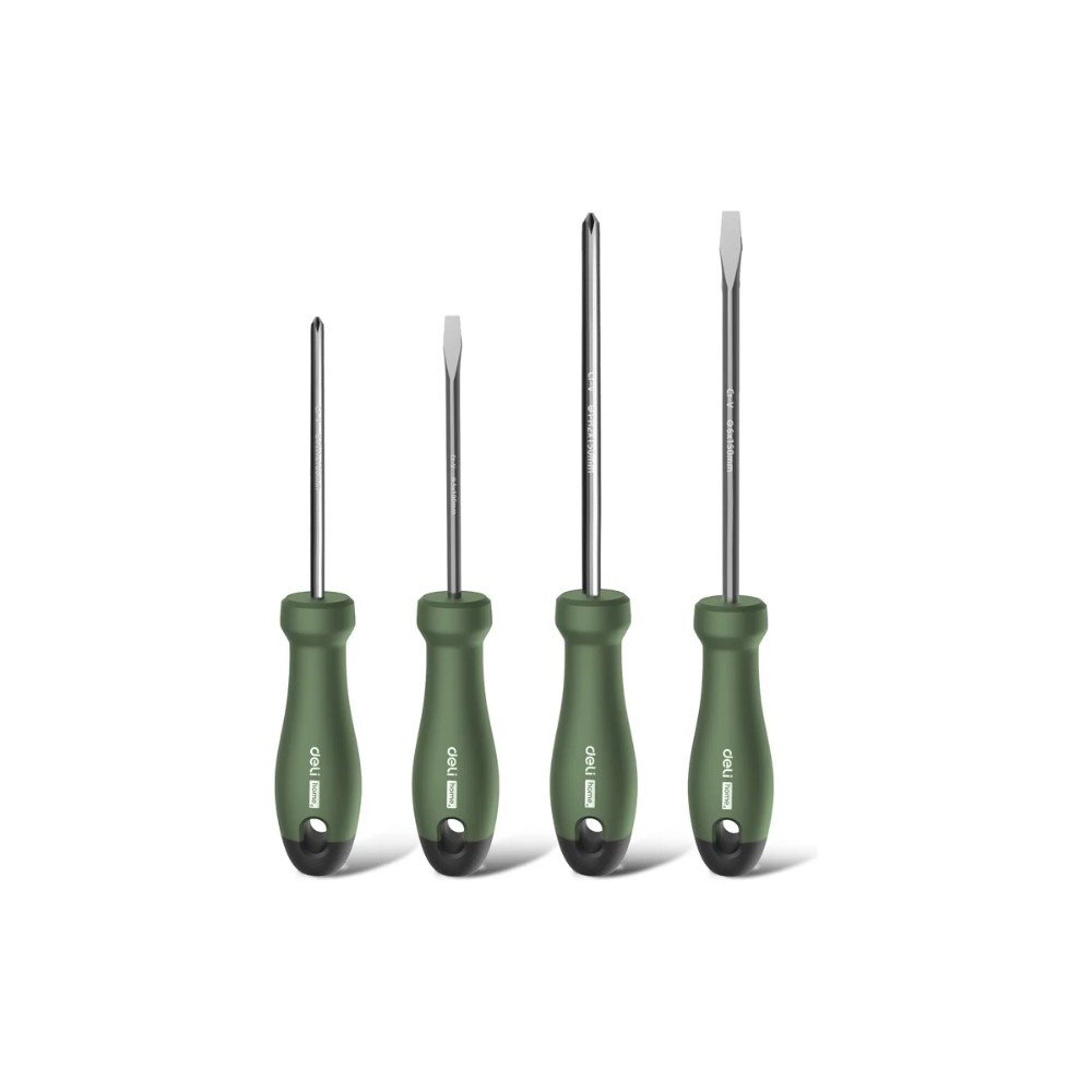 Набор отверток Deli HS HT1004L, 4 шт. ( PH1х100,PH2х150,SL5х100,SL6х150), Soft Touch, зеленый