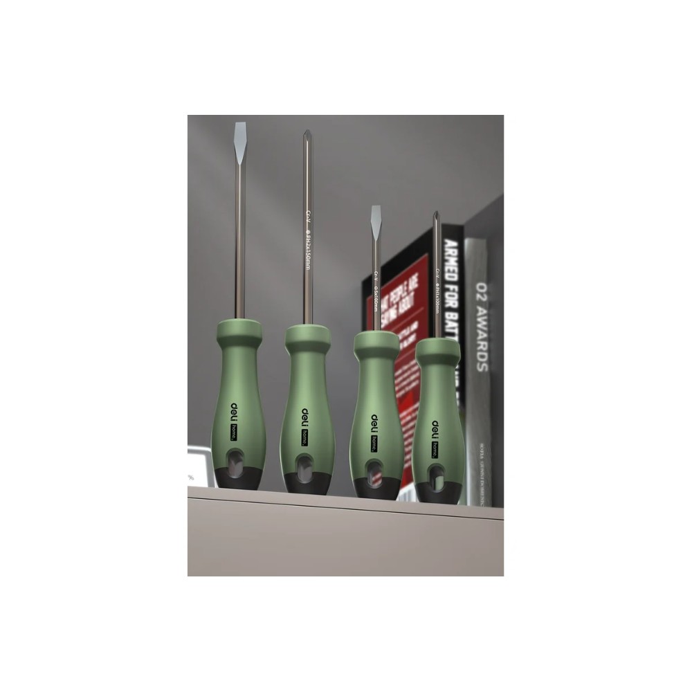 Набор отверток Deli HS HT1004L, 4 шт. ( PH1х100,PH2х150,SL5х100,SL6х150), Soft Touch, зеленый