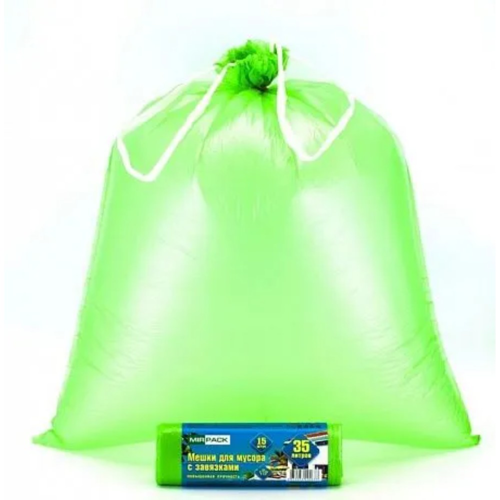 Мешки для мусора, 35л, 15шт/рулон, ПНД, Mirpack Vip, 18 мкм, 50х60см, зеленый, с завязками