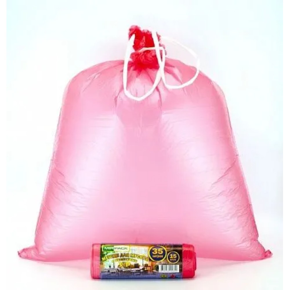 Мешки для мусора, 35л, 15шт/рулон, ПНД, Mirpack Vip, 18 мкм, 50х60см, красный, с завязками