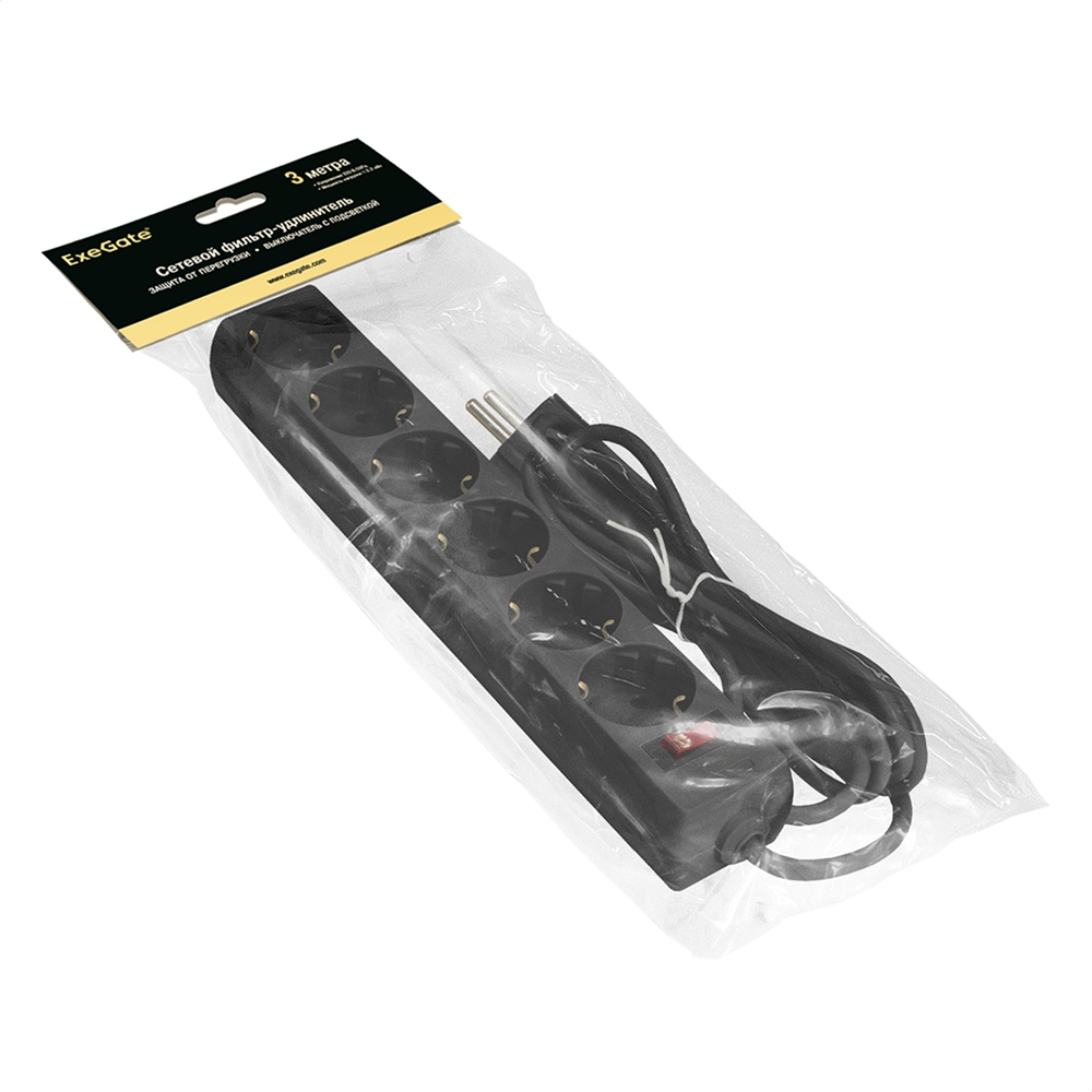 Сетевой фильтр ExeGate SP-6-3B, EX119393RUS , 3м, 6 розеток, черный