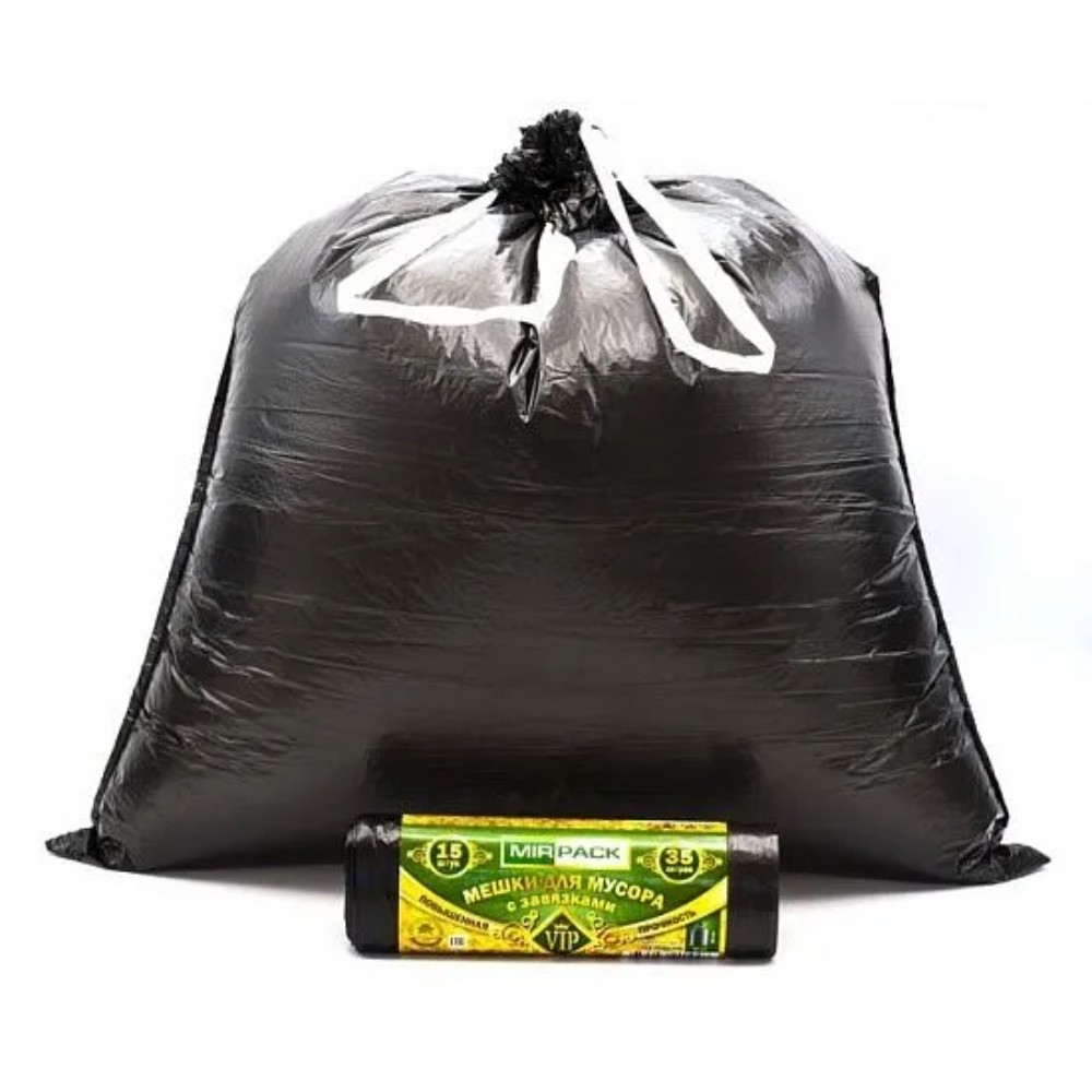 Мешки для мусора 35 л, 15 шт/рулон, ПНД, Mirpack Vip, 18 мкм, 50х60см, черный, с завязками