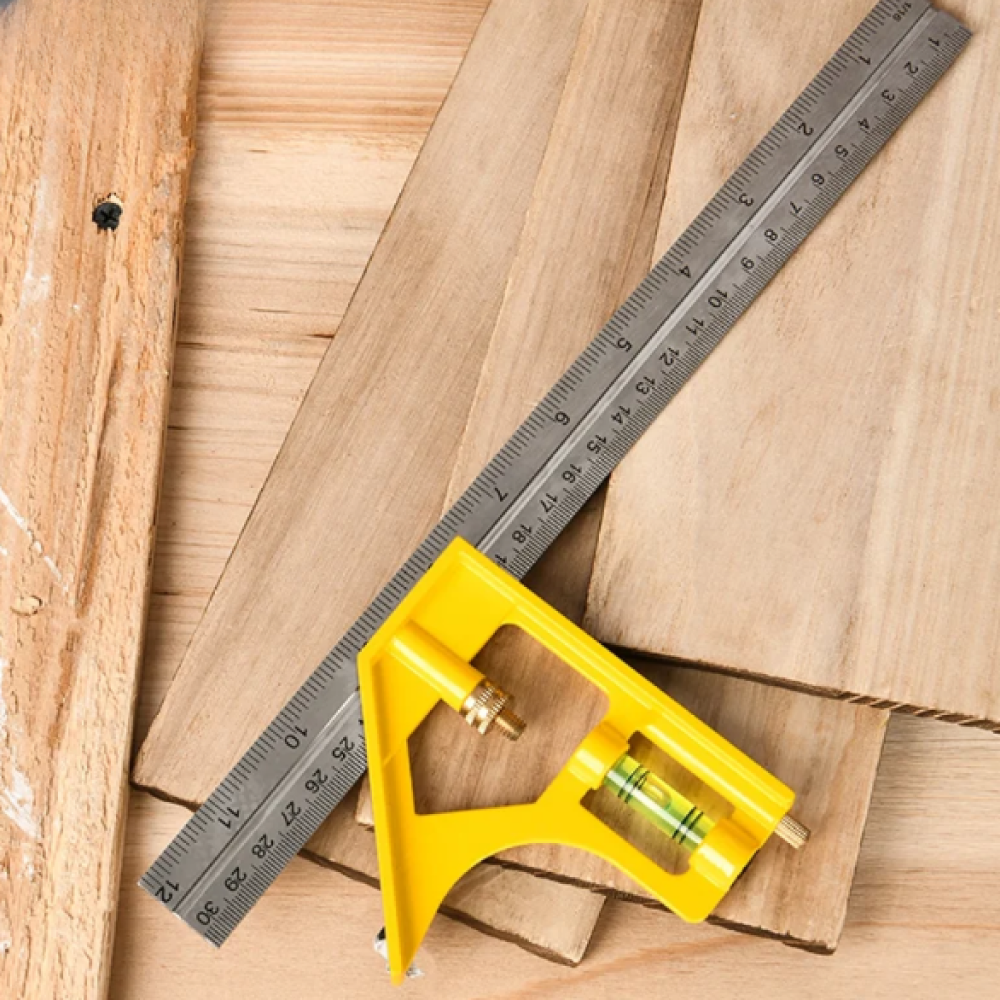 Линейка Deli EDL7300Y, с угольником и уровнем, металл, пластик, 30 см