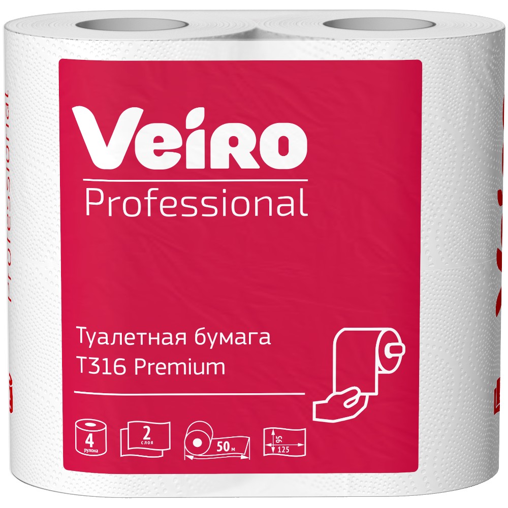 Бумага туалетная Veiro Professional Premium, в стандартных рулонах, 4 рулона, 50 м, 2 слоя