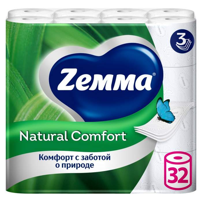 Бумага туалетная Zemma Natural Comfort, 32 рулона, 3 слоя, белый
