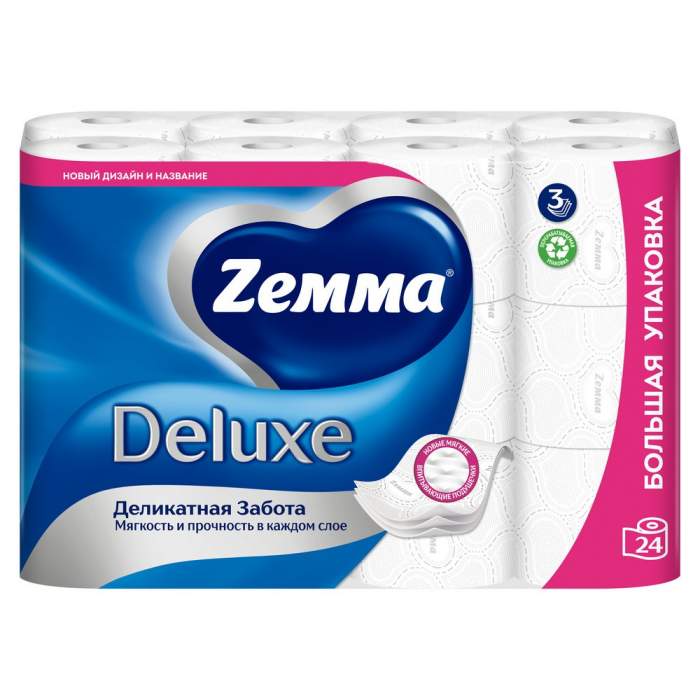 Бумага туалетная Zemma Deluxe, 24 рулона, 3 слоя, белый