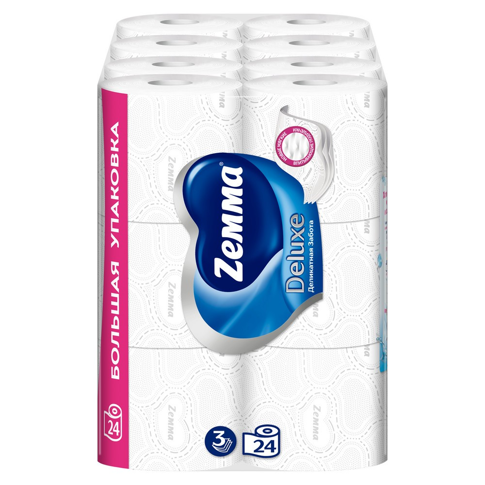 Бумага туалетная Zemma Deluxe, 24 рулона, 3 слоя, белый