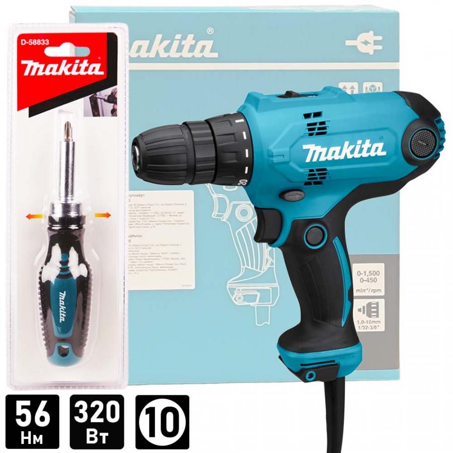 Дрель-шуруповерт MAKITA DF0300X1, 320 Вт, 56 Нм + Отвертка D-58833, коробка