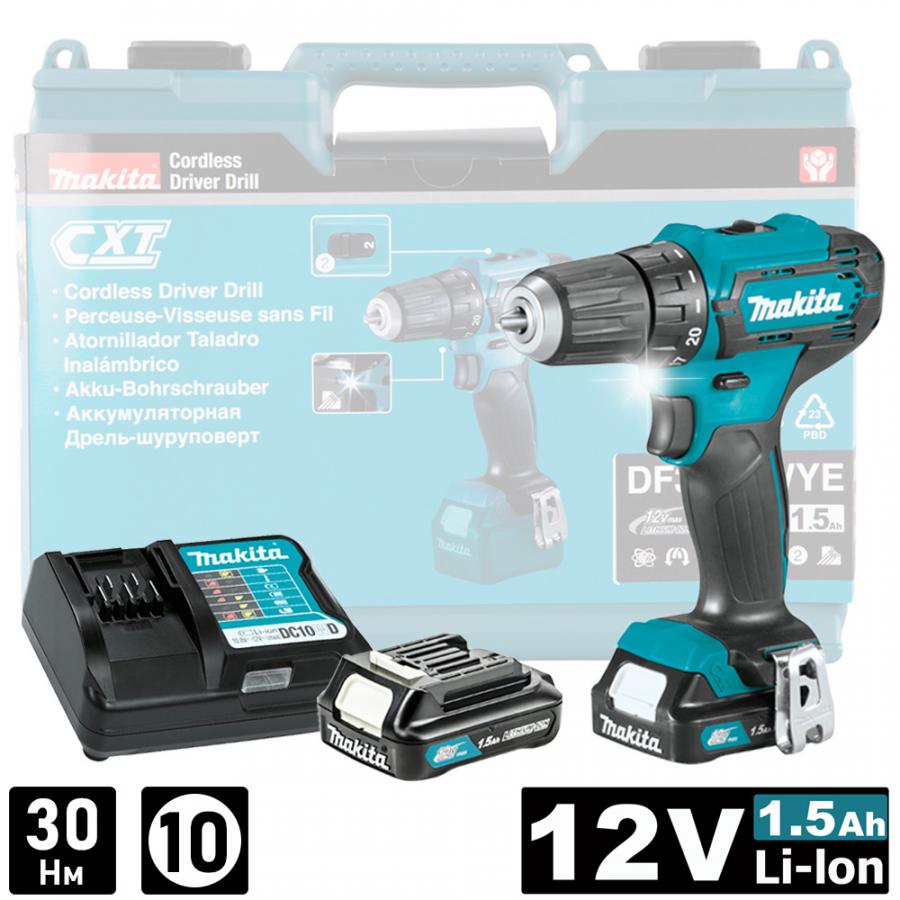 Дрель-шуруповерт аккумуляторная MAKITA DF333DWYE, 12 В, 30 Нм, 1.5Ачx2