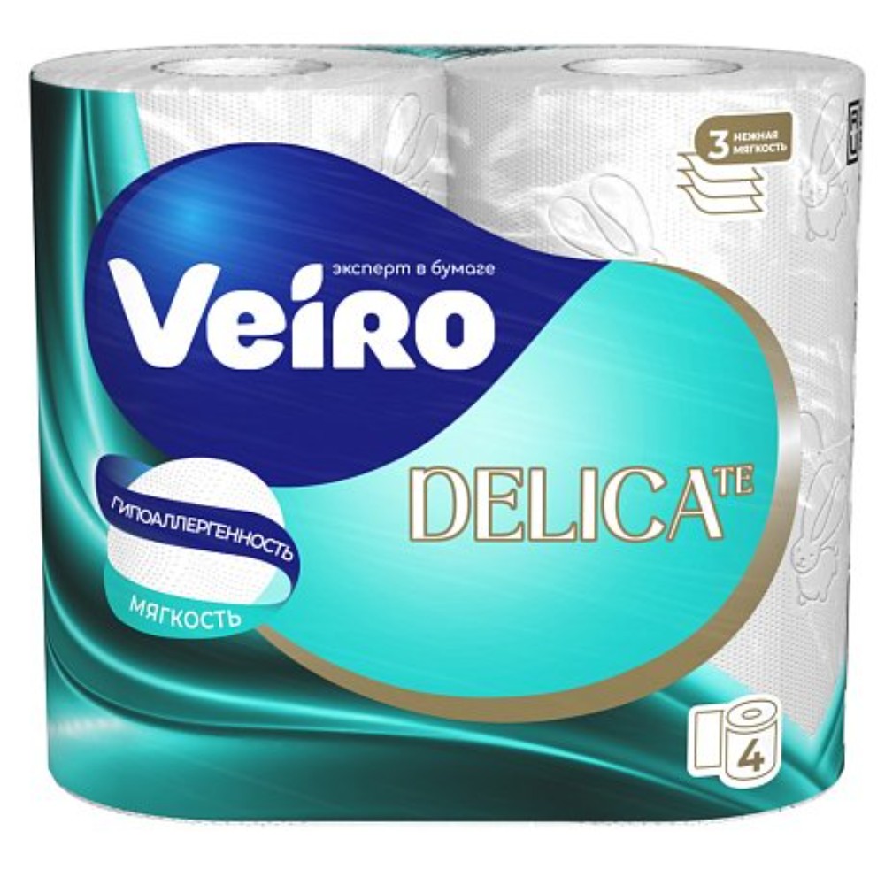 Бумага туалетная Veiro Delicate, 4 рулона, 3 слоя, белый