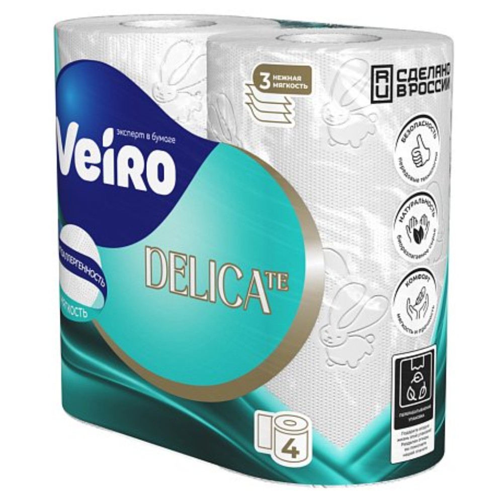 Бумага туалетная Veiro Delicate, 4 рулона, 3 слоя, белый